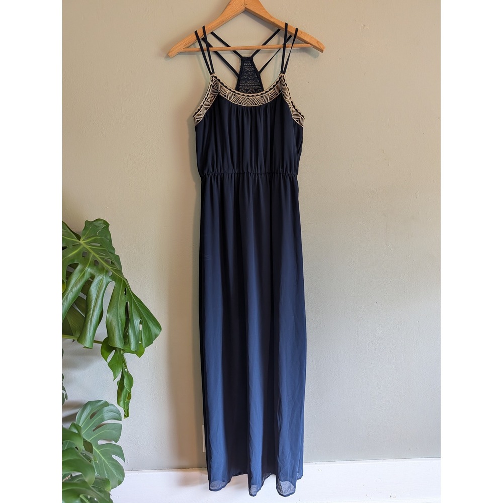 Papaya Navy Blue Boho Maxi Dress Embroidered Neck Crochet Racerback Small